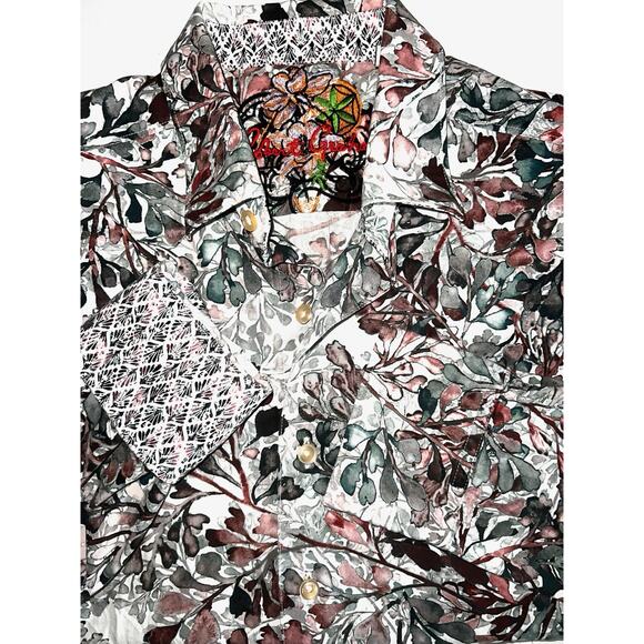 ROBERT GRAHAM GREEN MAROON ON WHITE WATERCOR LEAF SHIRT FLIP CUFFS SIZE M - Picture 1 of 5